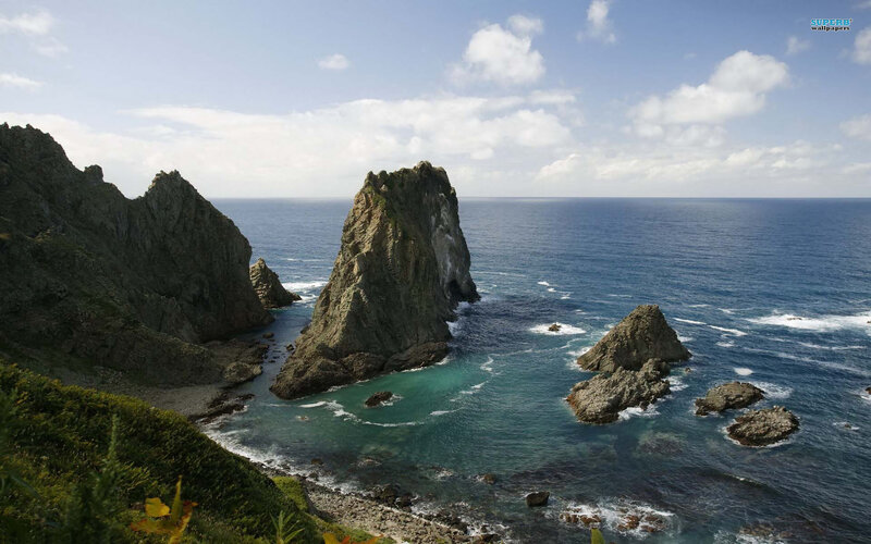 Rocky Coastline with Sea — Blue, Serene, Afternoon, Photograph