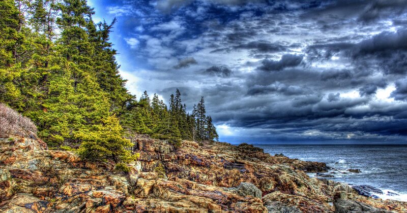 Rocky Coastline with Trees — Blue