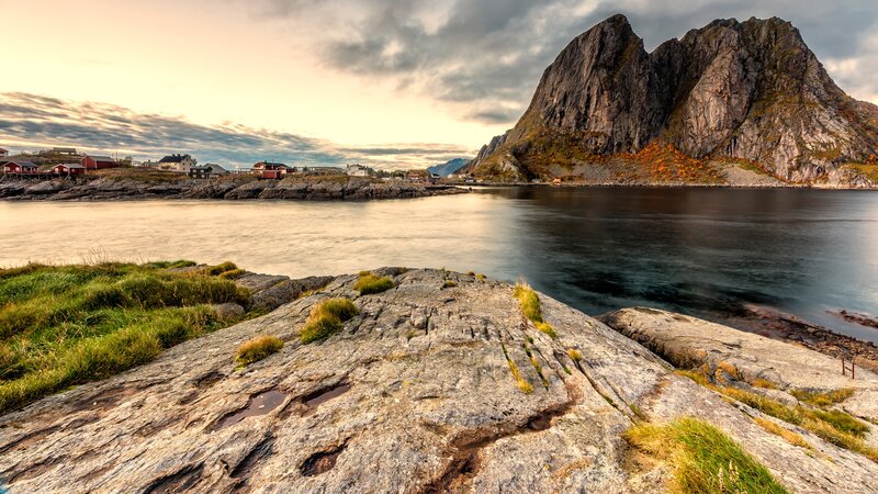 Rocky Coastline with Village — Gray