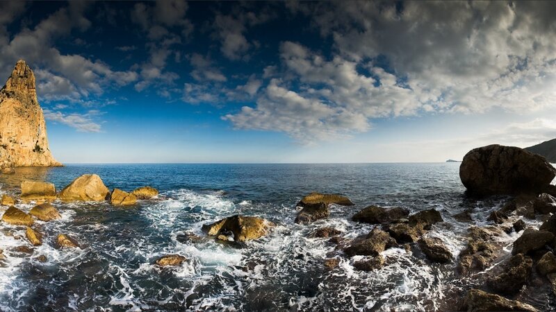 Rocky Coastline with Waves — Blue, Dramatic, Afternoon, Photograph, Cliff