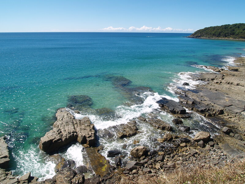 Rocky Coastline with Waves — Blue, Serene, Afternoon, Photograph, Ocean
