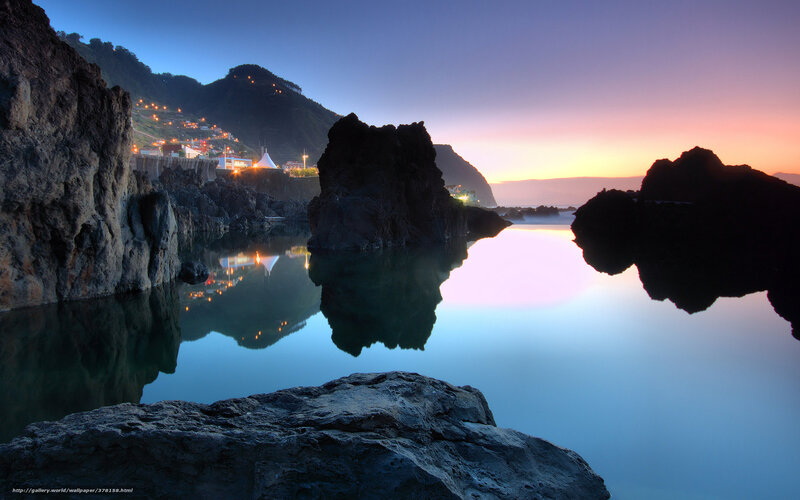 Rocky Cove at Dusk — Blue, Serene, Sunset, Photograph, Mountain