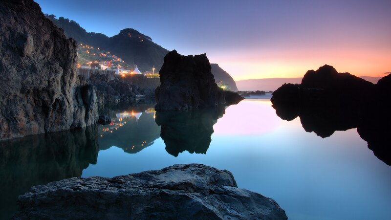 Rocky Cove at Dusk — Blue, Serene, Sunset