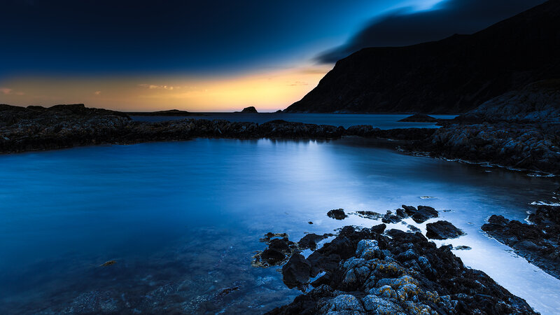 Rocky Cove at Dusk — Blue, Serene