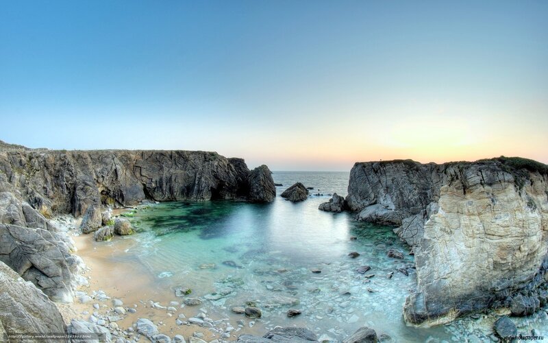 Rocky Cove at Sunset — Blue, Serene, Photograph, Cliffs