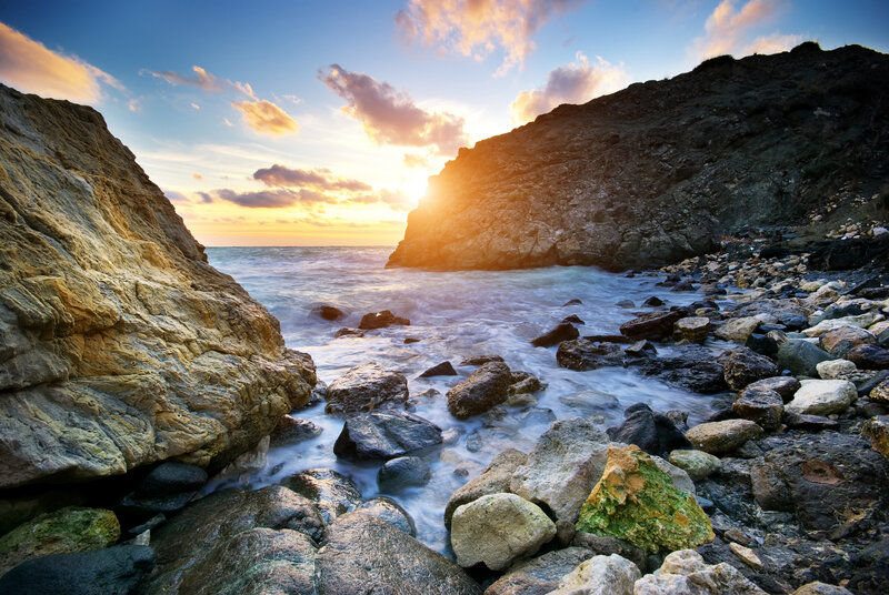 Rocky Cove at Sunset — Blue, Serene