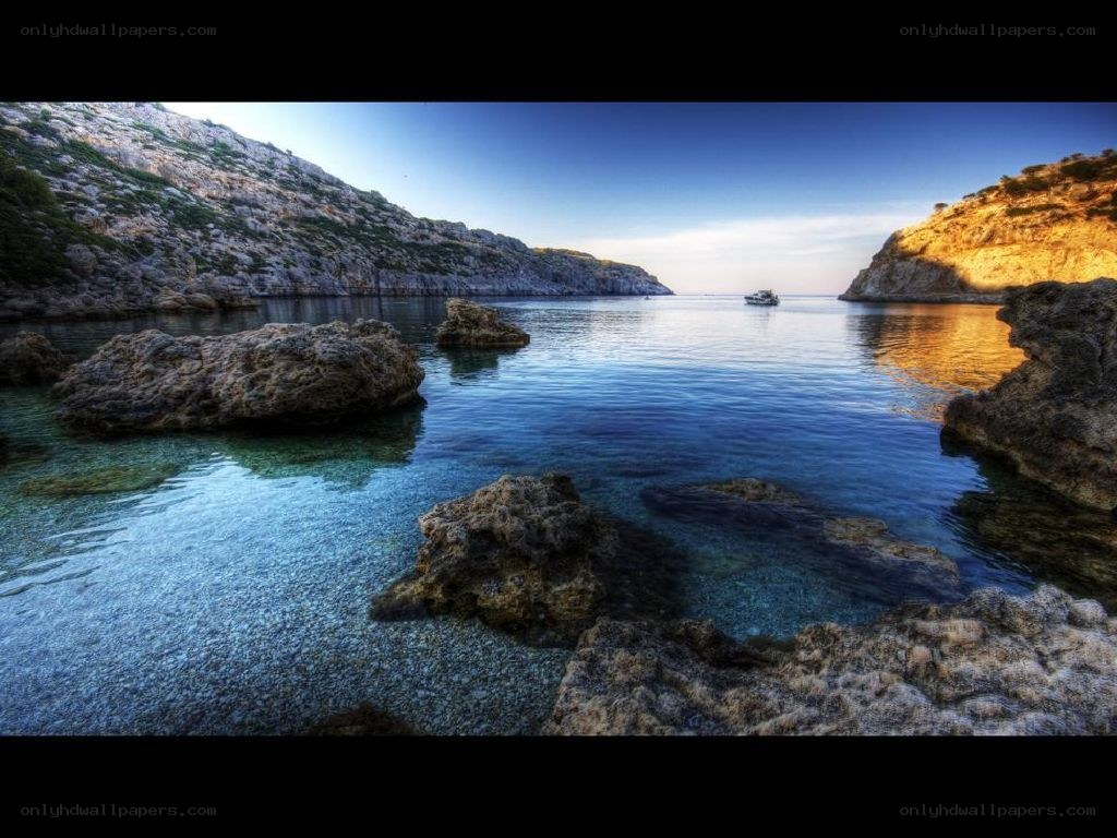 Rocky cove at sunset