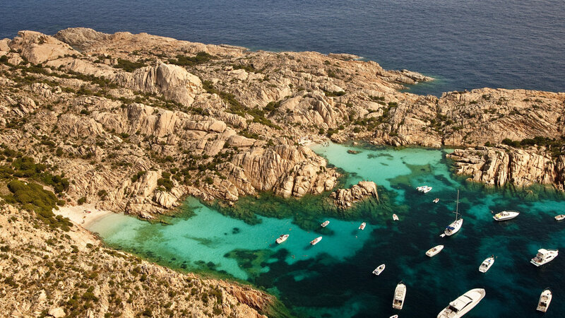 Rocky Cove with Boats — Blue, Serene
