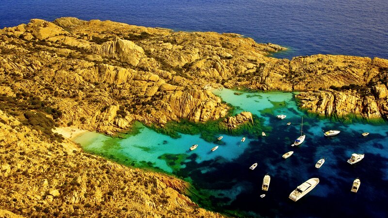 Rocky Cove with Boats — Blue