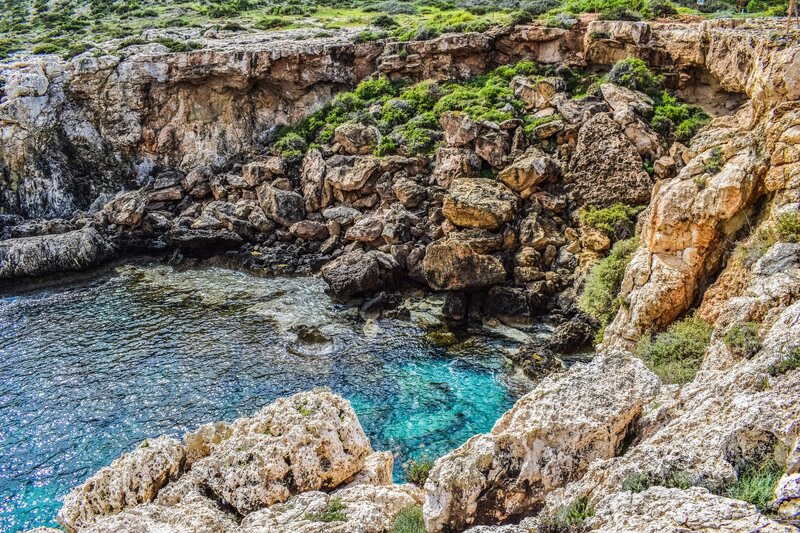 Rocky Cove with Turquoise Water — Blue, Serene, Afternoon