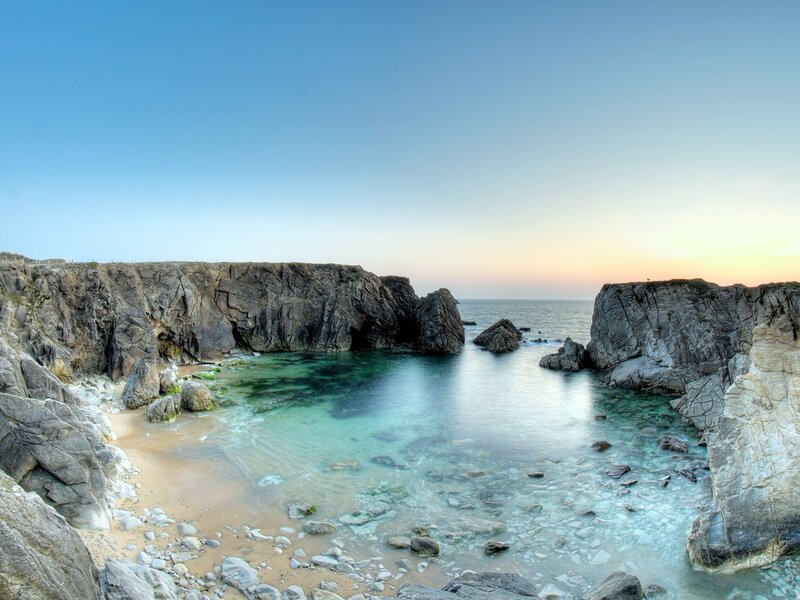 Rocky Cove with Turquoise Water — Blue, Serene, Sunset, Photograph, Cliffs, Beach