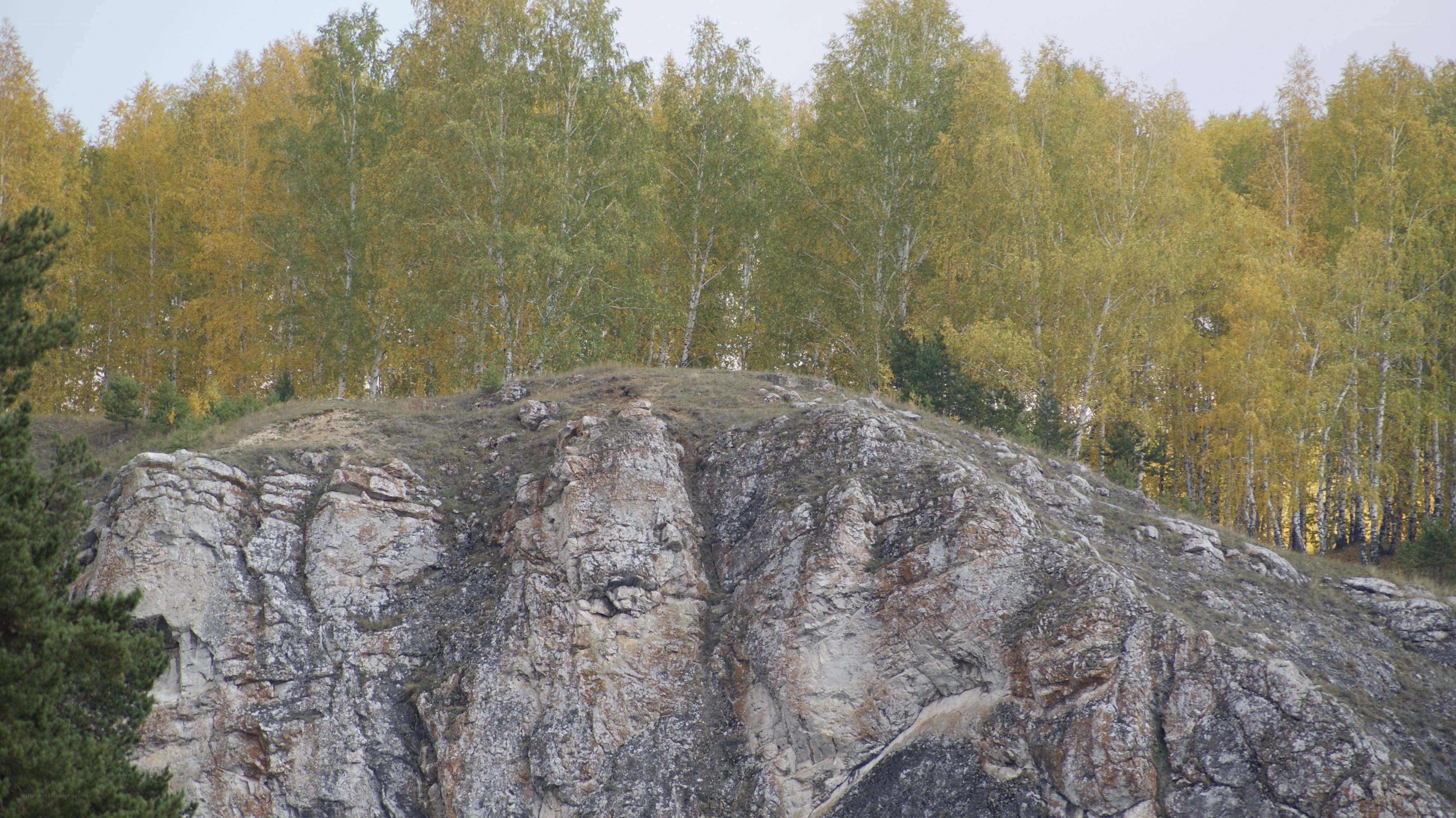 rocky hill with autumn trees