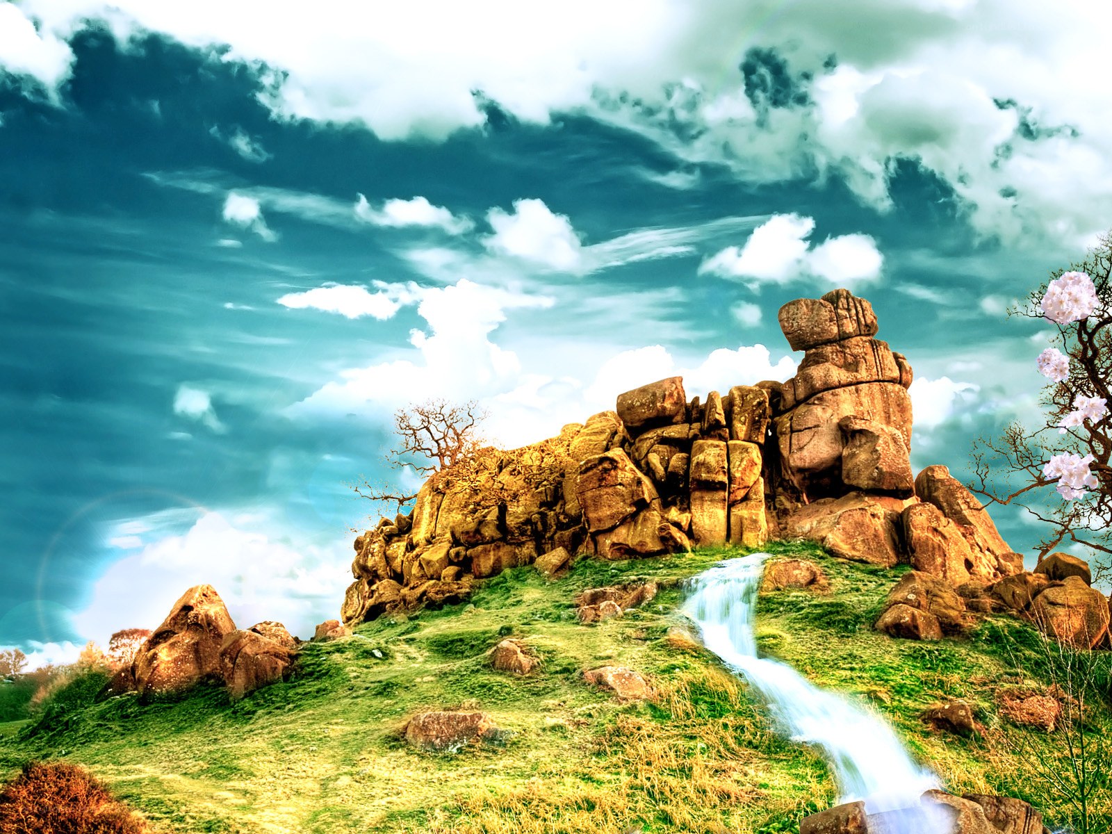 Rocky hill with waterfall