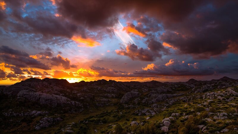 Rocky Hills at Sunset — Orange, Dramatic, Photograph