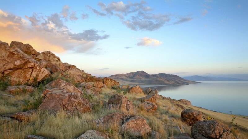 Rocky Hillside by Lake — Blue, Serene