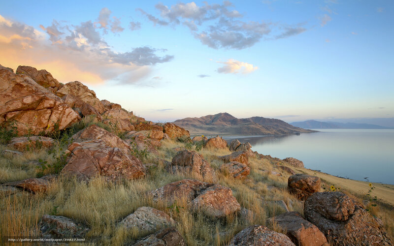 Rocky Hillside by Lake — Blue