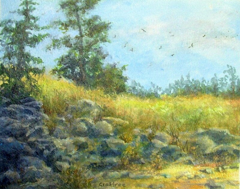 Rocky Hillside with Trees — Green, Serene, Afternoon, Painting