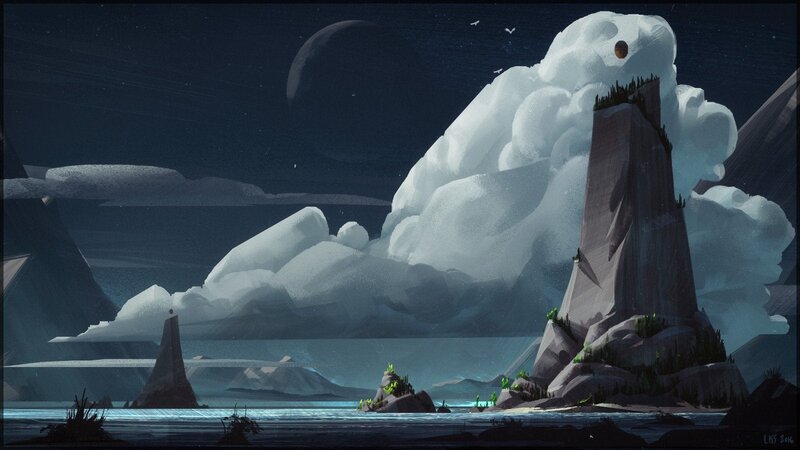 Rocky Island at Night — Blue, Dramatic