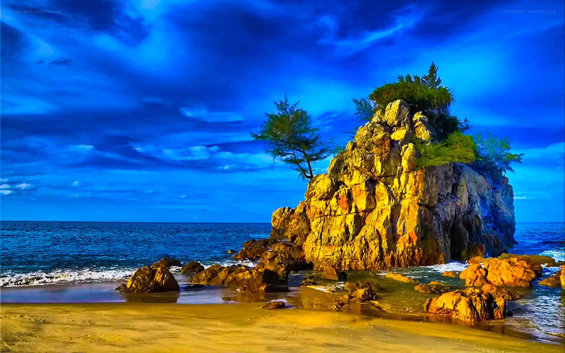 Rocky island at sunset