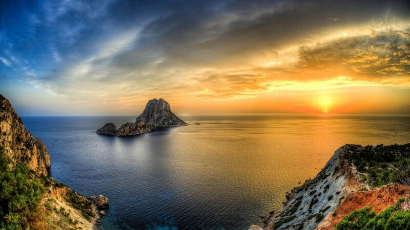 Rocky Island at Sunset — Blue, Dramatic, Photograph