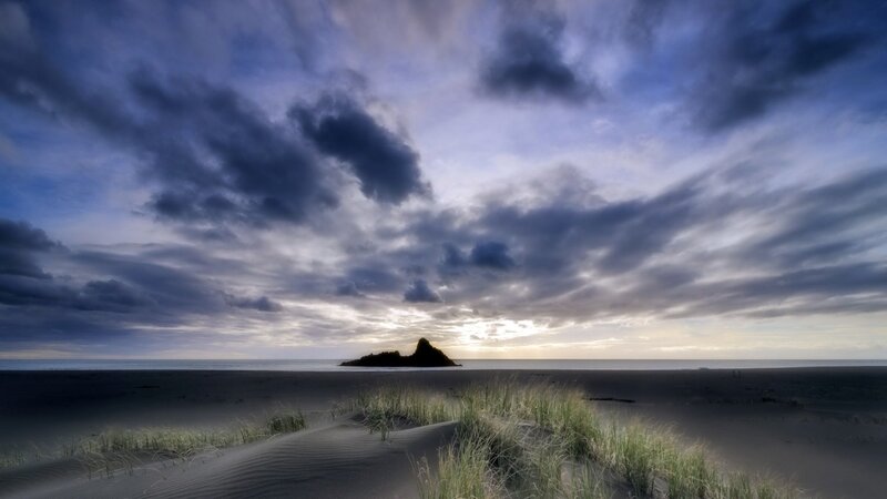 Rocky Island at Sunset — Blue, Dramatic