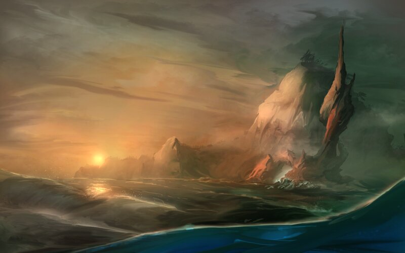 Rocky Island at Sunset — Orange, Dramatic, Digital Art