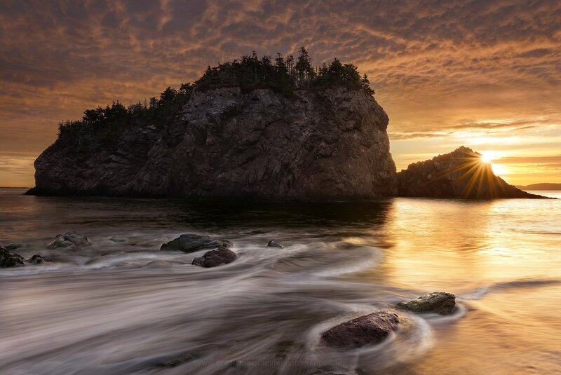 Rocky Island at Sunset — Orange, Dramatic, Photograph, Sun