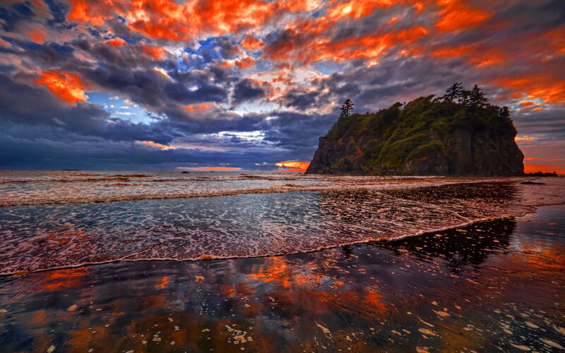 Rocky Island at Sunset — Orange, Dramatic