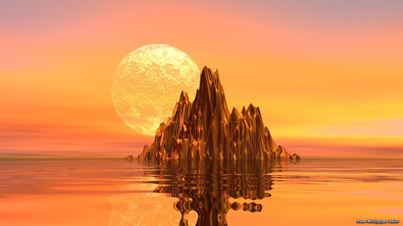 Rocky Island at Sunset — Orange, Serene, Digital Art