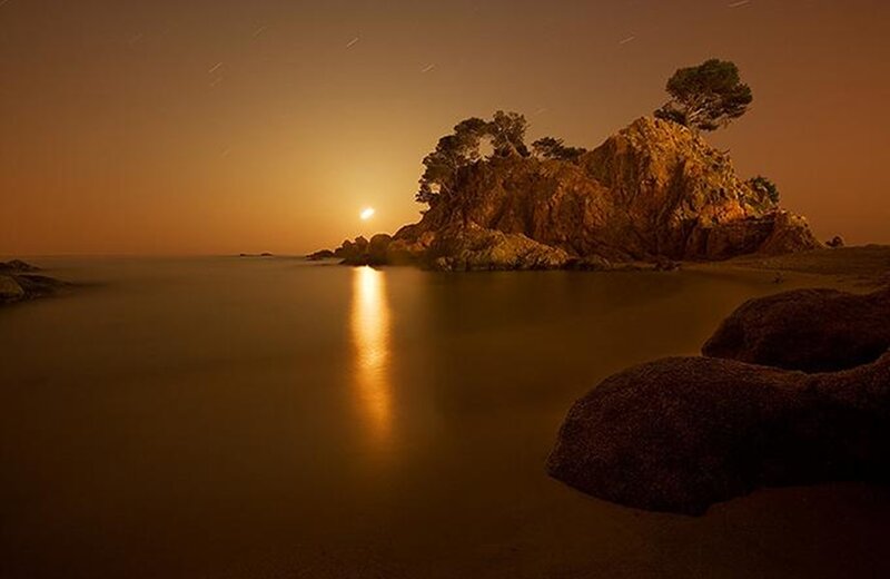 Rocky Island at Sunset — Orange, Serene, Photograph, Sun