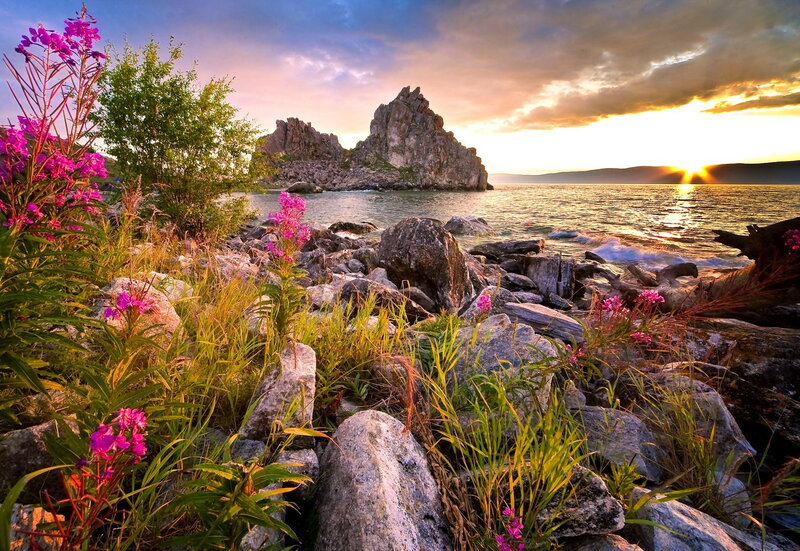 Rocky Island at Sunset — Purple, Serene, Photograph, Flowers