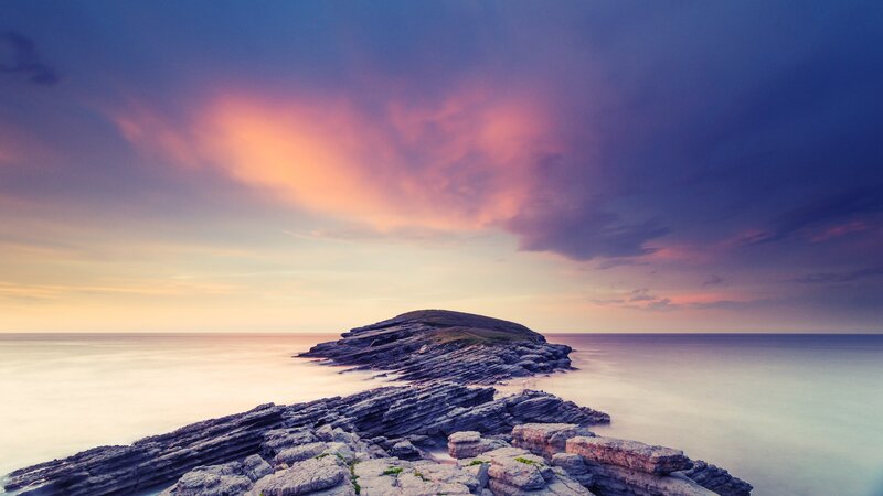 Rocky Island at Sunset — Purple, Serene, Photograph, Ocean
