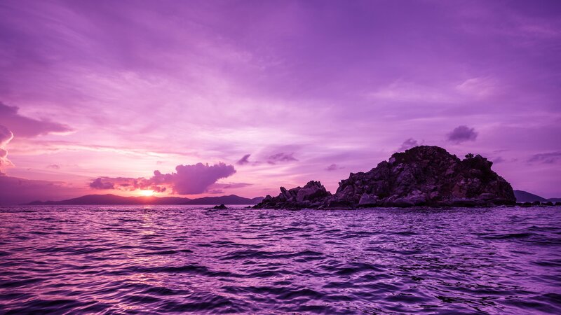 Rocky Island at Sunset — Purple, Serene, Photograph, Sea, Sky, Clouds