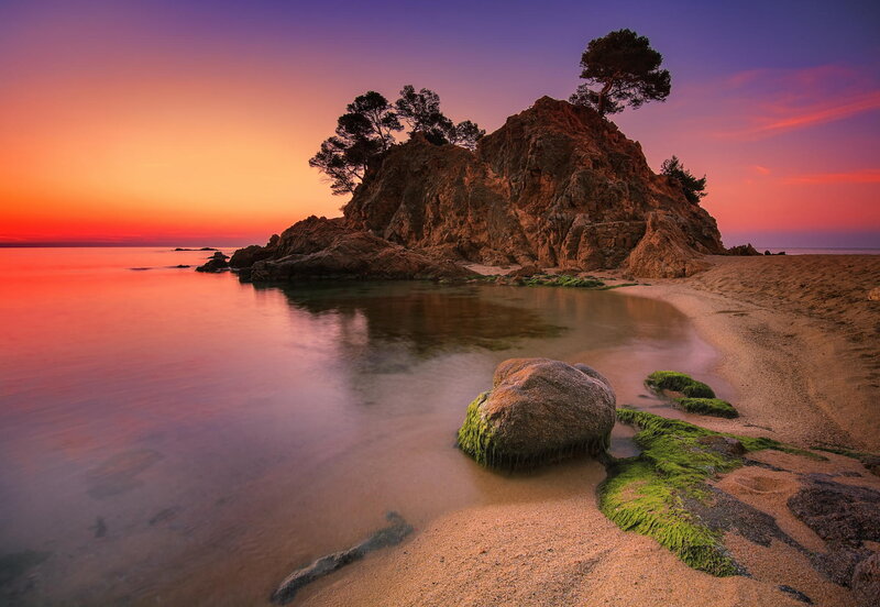 Rocky Island at Sunset — Purple, Serene, Photograph