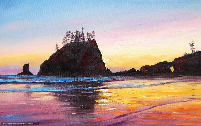 Rocky Island at Sunset — Yellow, Serene