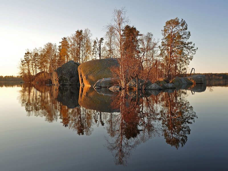 Rocky Island in Lake — Blue, Serene, Sunset