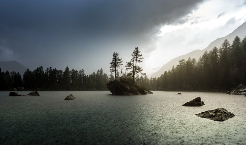 Rocky Island in Lake — Gray
