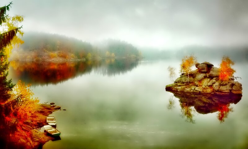 Rocky Island in Lake — Green, Serene