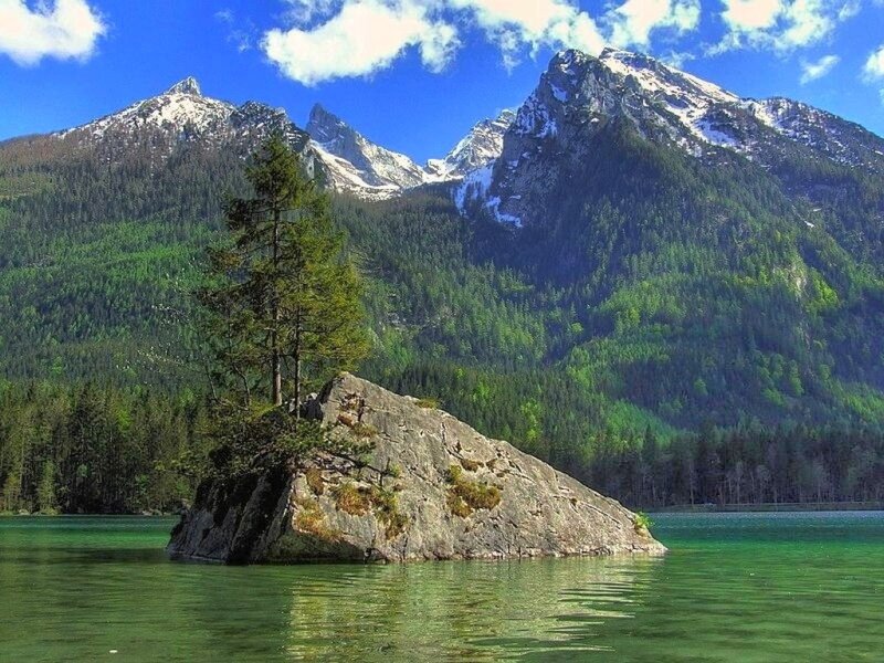 Rocky Island in Lake — Green