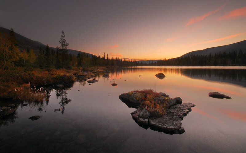 Rocky Island in Lake — Orange