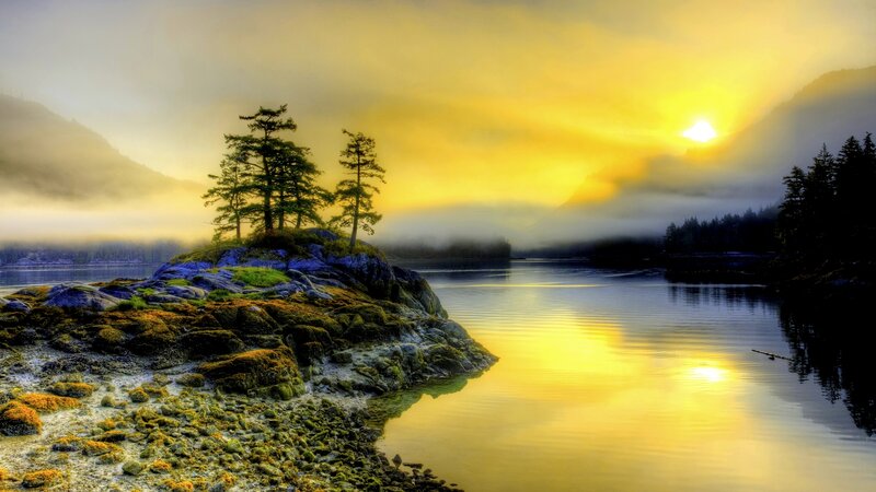 Rocky Island in Lake — Yellow