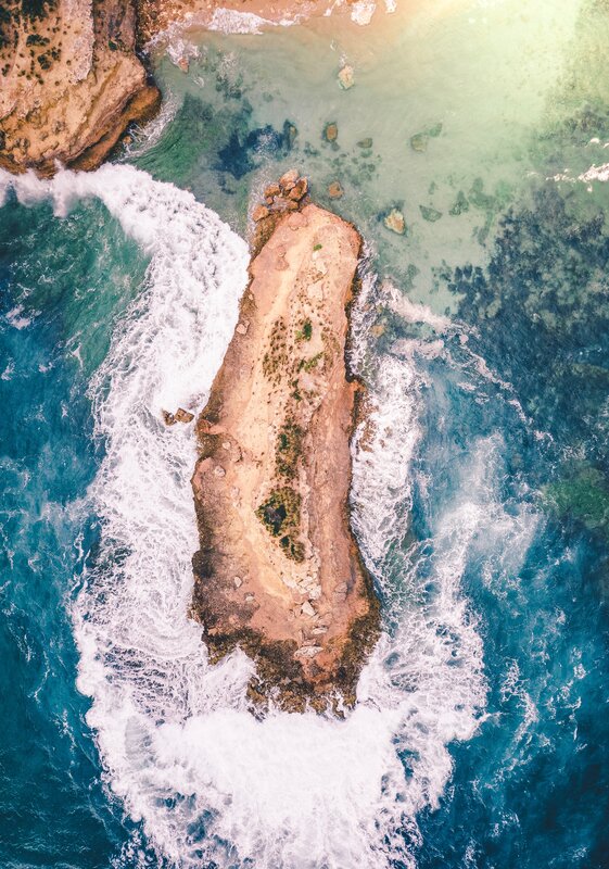 Rocky Island in Ocean — Blue, Dramatic, Afternoon
