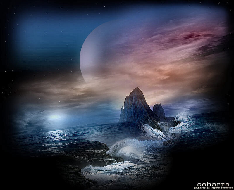 Rocky Island in Ocean — Blue, Dramatic, Night