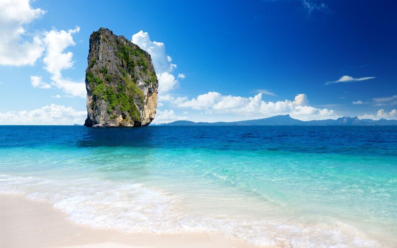Rocky Island in Ocean — Blue, Serene, Afternoon, Photograph, Beach, Sky