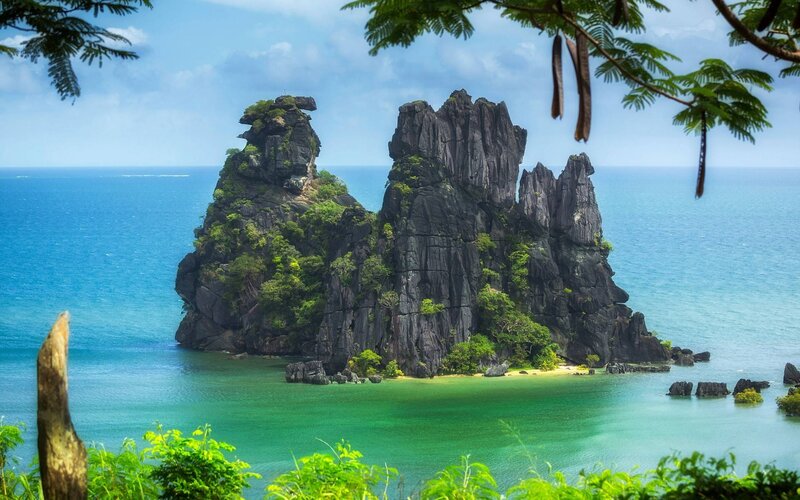 Rocky Island in Ocean — Blue, Serene, Afternoon, Photograph, Trees