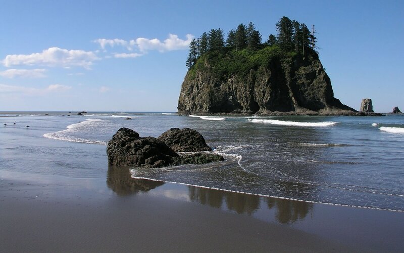 Rocky Island in Ocean — Blue, Serene, Afternoon, Photograph, Trees, Waves
