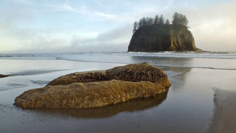 Rocky Island in Ocean — Blue, Serene, Morning, Photograph