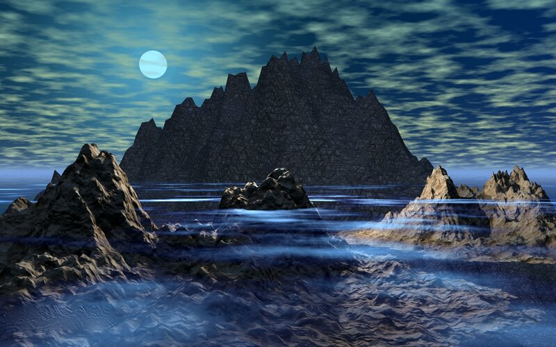 Rocky Island in Ocean — Blue, Serene, Night