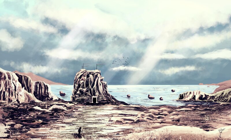 Rocky island with a lone figure