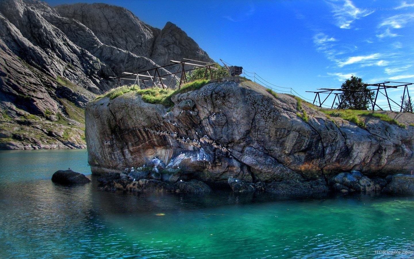 Rocky island with drying racks